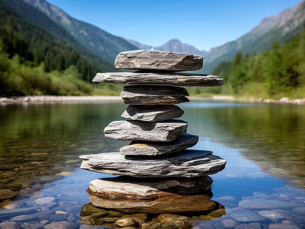 Kamene ploče složene u savršenu ravnotežu jedna na drugu pored mirne planinske reke, refleksija jasnog neba u vodi, prirodan ambijent