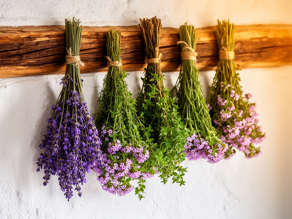 Snopovi sušenih lavande, origana i majčine dušice okačeni na grubi beli zid sa rusičnim drvenim gredom, topla prirodna svetlost u pozadini