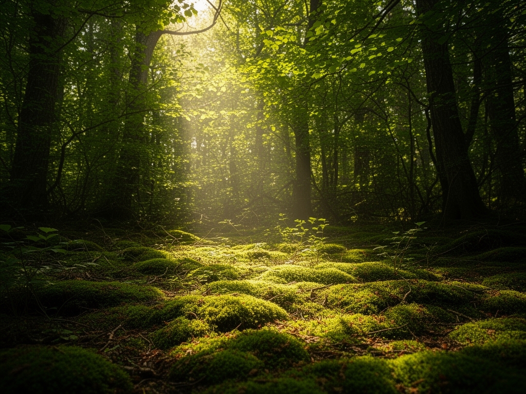 Mirno jutarnje svetlo koje prolazi kroz gusto šumsko lišće i pada na mahovinom prekriveno tlo, naglašavajući prirodne teksture i organsku dubinu šume