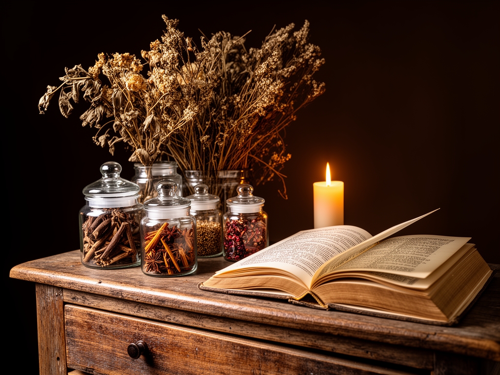 Stari drveni sto sa sušenim biljkama, staklenim teglama sa začinima i otvorenom antikvarnom knjigom, osvetljeni toplim kerzom sveće u tamnoj prostoriji